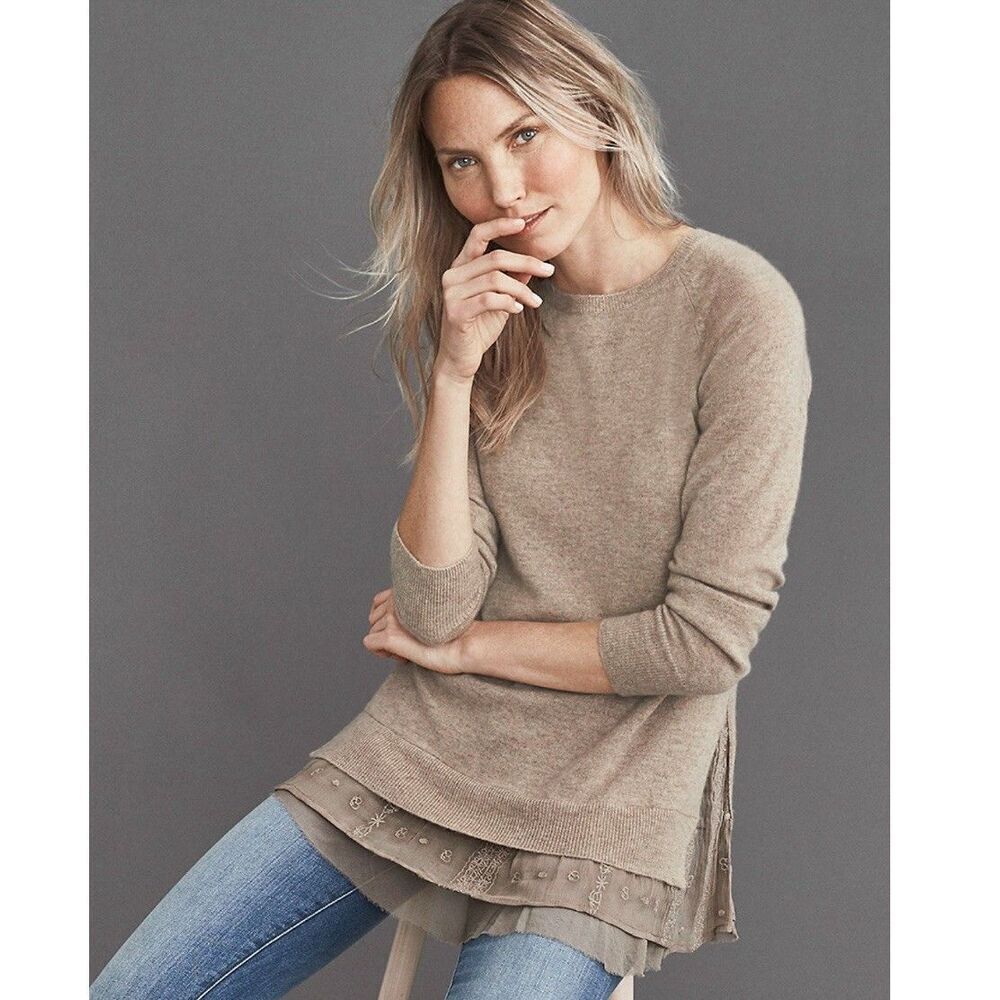 Garnet Hill 100% Cashmere Shirttail Sweater XS Taupe Layered Hem Long Sleeve